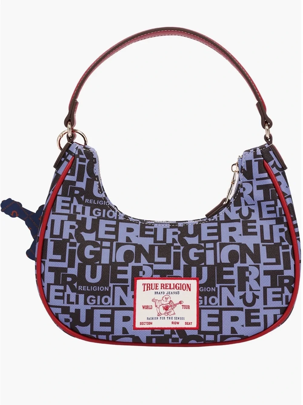 True Religion Graphic Horseshoe Hobo Bag in Blue and Red w/Buddha Charm